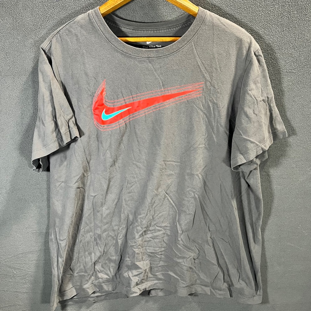 Nike Mens Graphic Tee Charcoal Gray Red Teal Swoosh Short Sleeve XL
